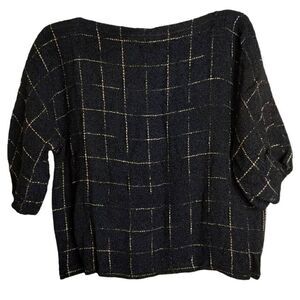 Panache Womens Sweater Sz Medium Wool Crepe Knit Black Gold 1/2 Sleeve Handwoven